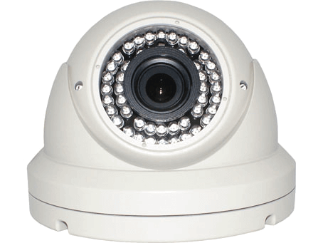 An image of the white KCE SPI1224 dome body surveillance security camera. Fitted with the IR around the lens.