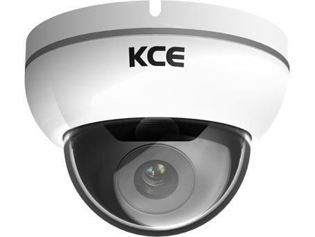 An image of the white KCE ND1200D dome body surveillance security camera. The leters KCE above thre lens.