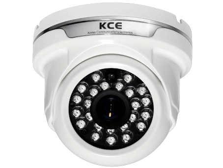 An image of the white KCE SPI1224 dome body surveillance security camera. Fitted with the IR around the lens.