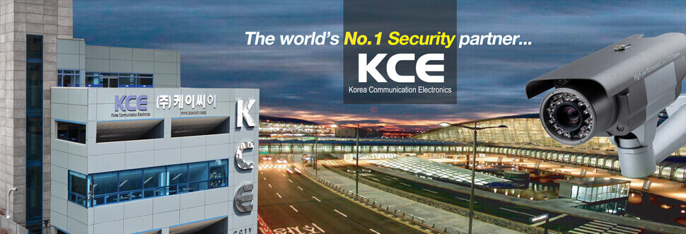 KCE main banner, blue in color showing a digital surveillance camera, the KCE factory located in Taiwan and an image of the airport in Taiwan and the words FThe world's No 1 Security partner KCE Korea Communication Electronics.